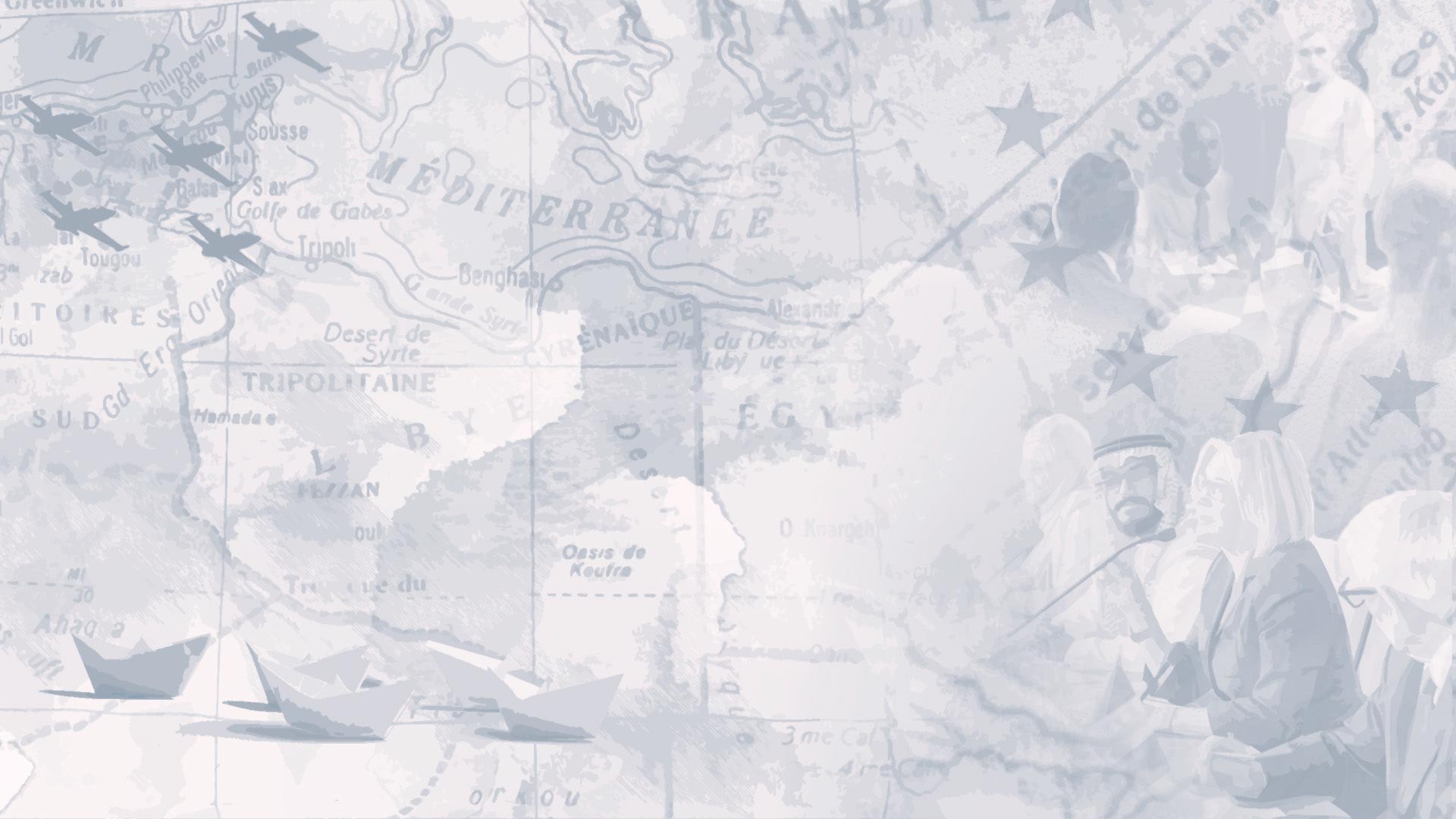 Vintage map of North Africa with airplanes, boats, and regional landmarks