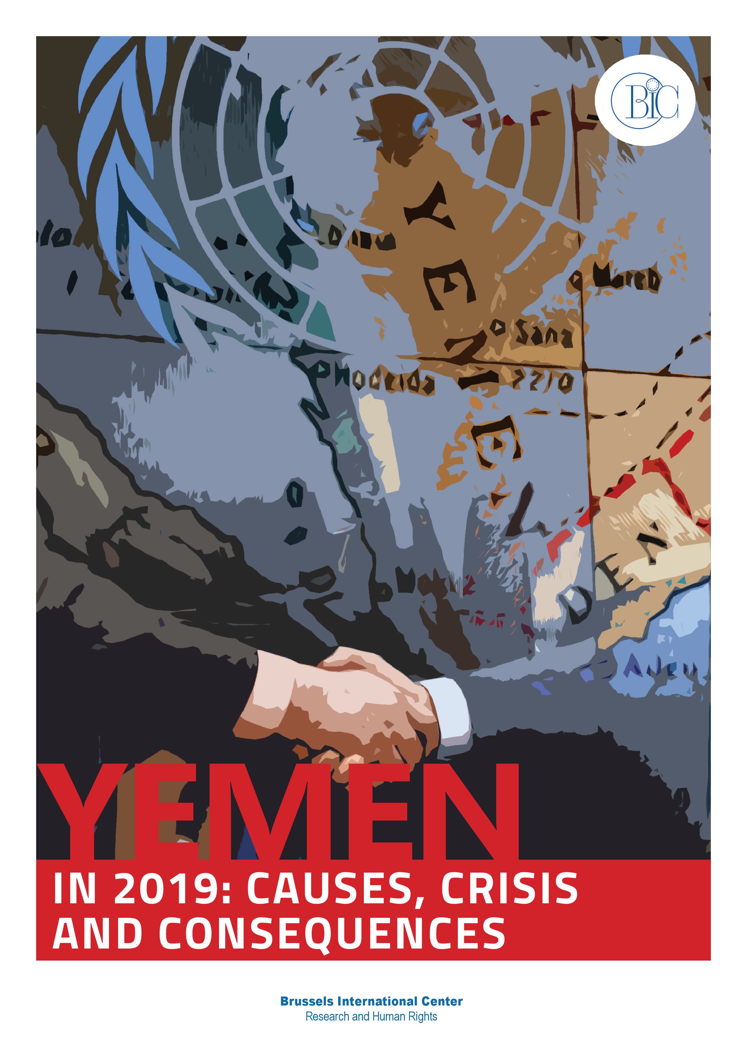Poster about Yemen crisis in 2019, showing handshake and fragmented map
