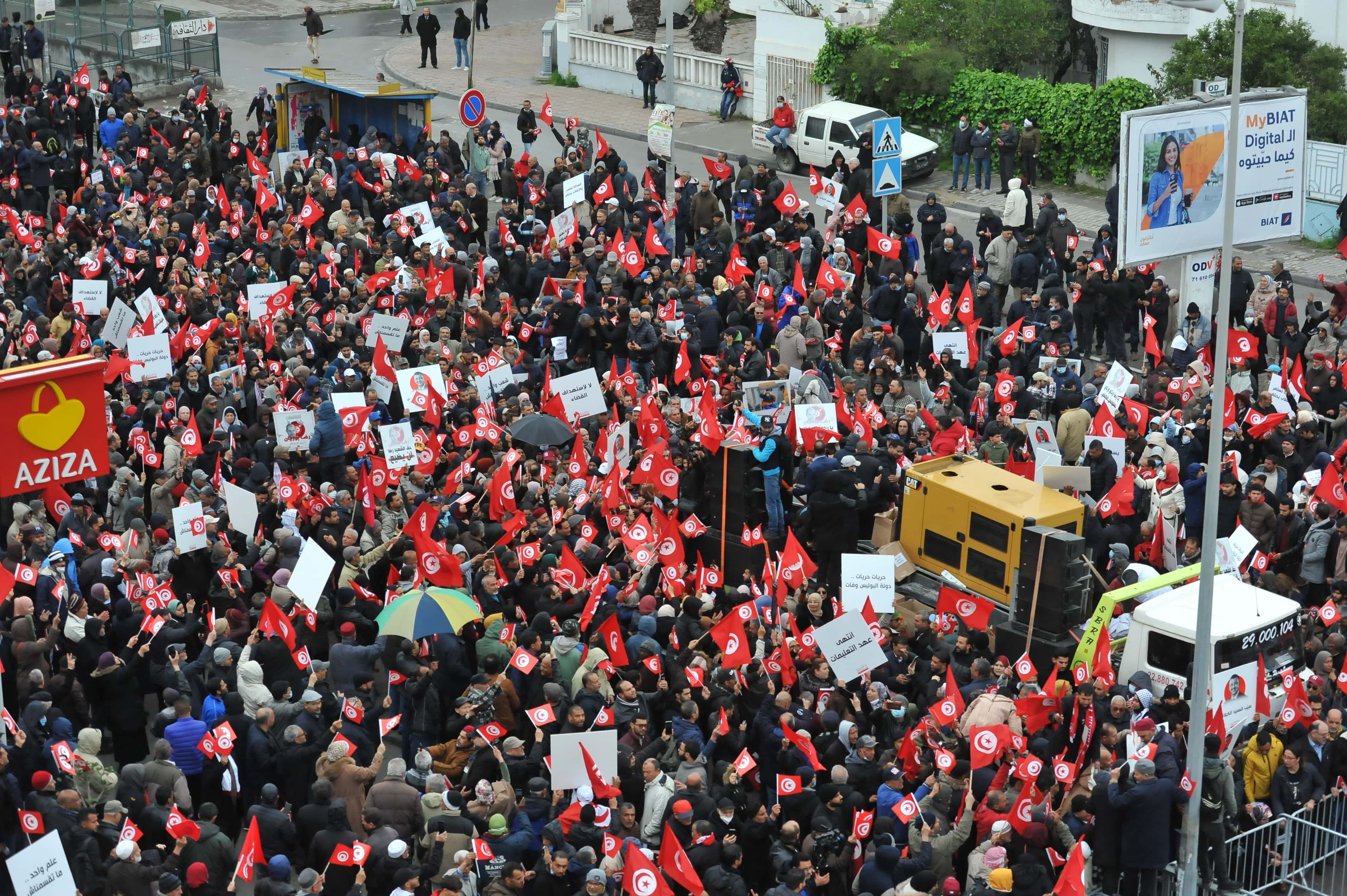 Large crowd of protesters with Tunisian flags at a public demonstration