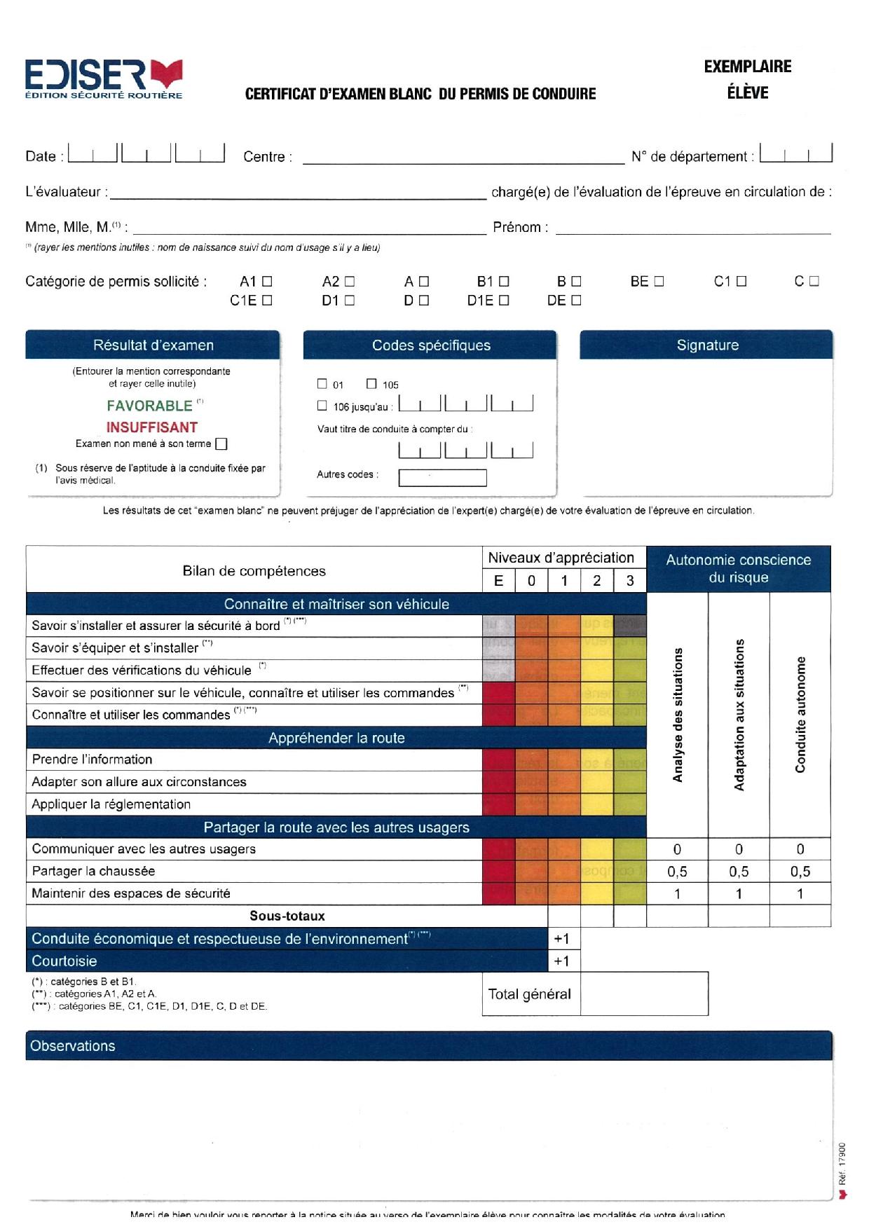 Grille evaluation permis conduire