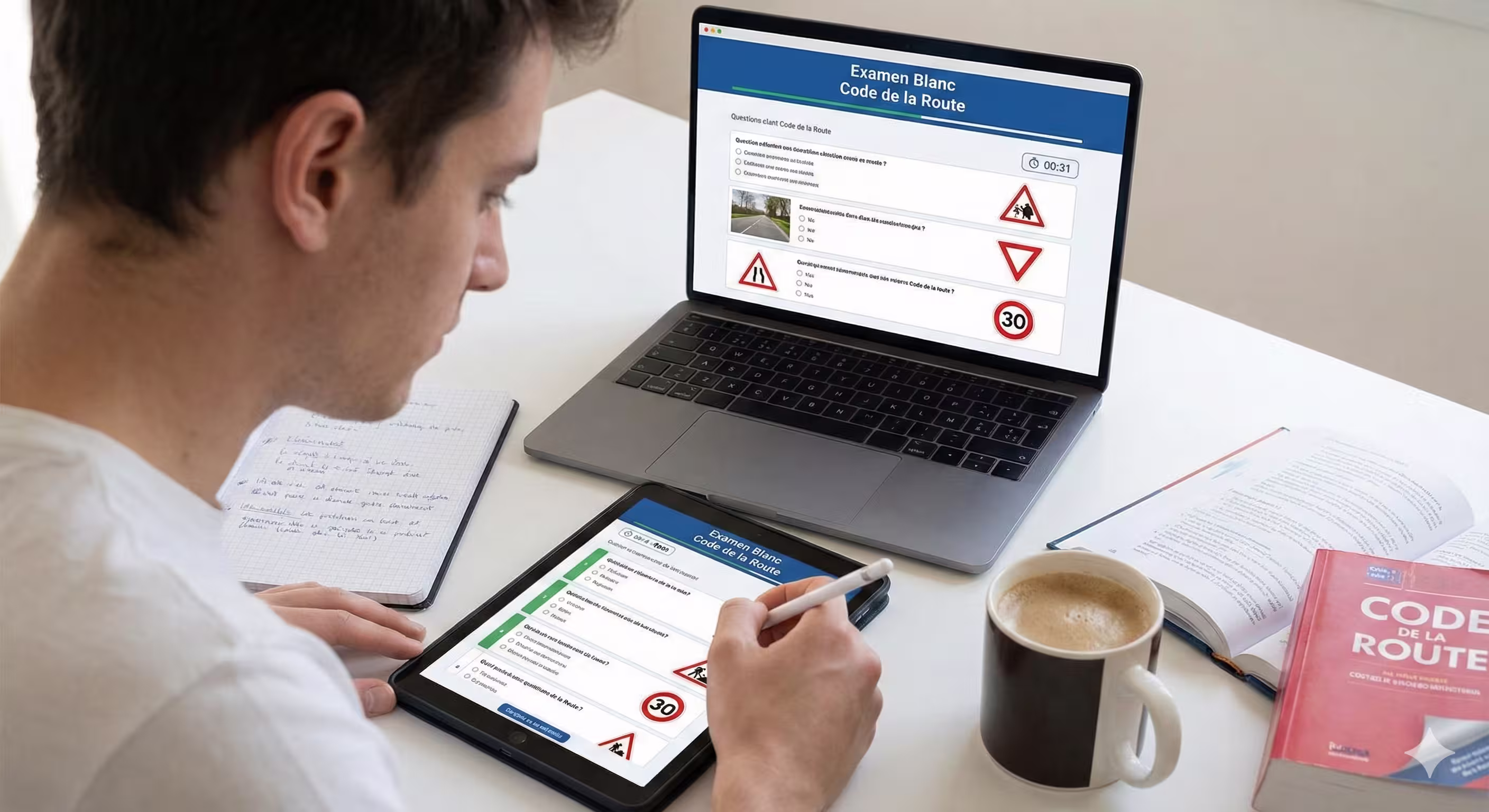 élève Ornikar qui effectue un examen blanc du code sur son application