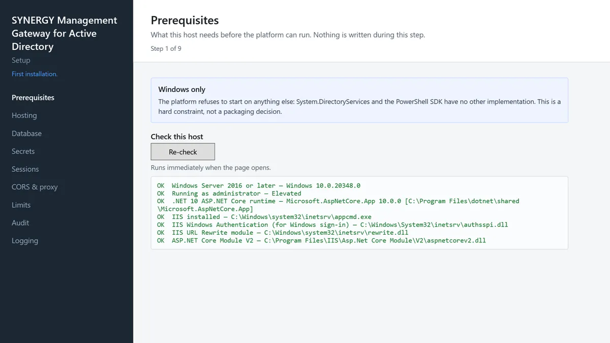Setup wizard checking Windows Server prerequisites