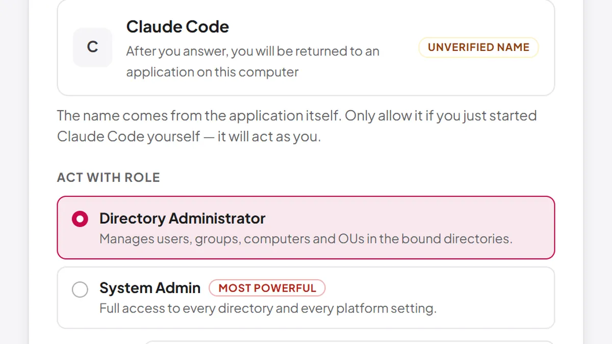 Consent screen for connecting an AI agent with a chosen role
