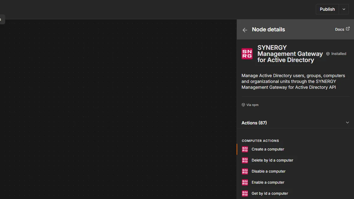 SYNERGY Management Gateway for Active Directory node in the n8n editor