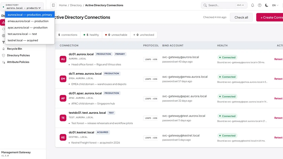 Active Directory Connections screen with several connected directories