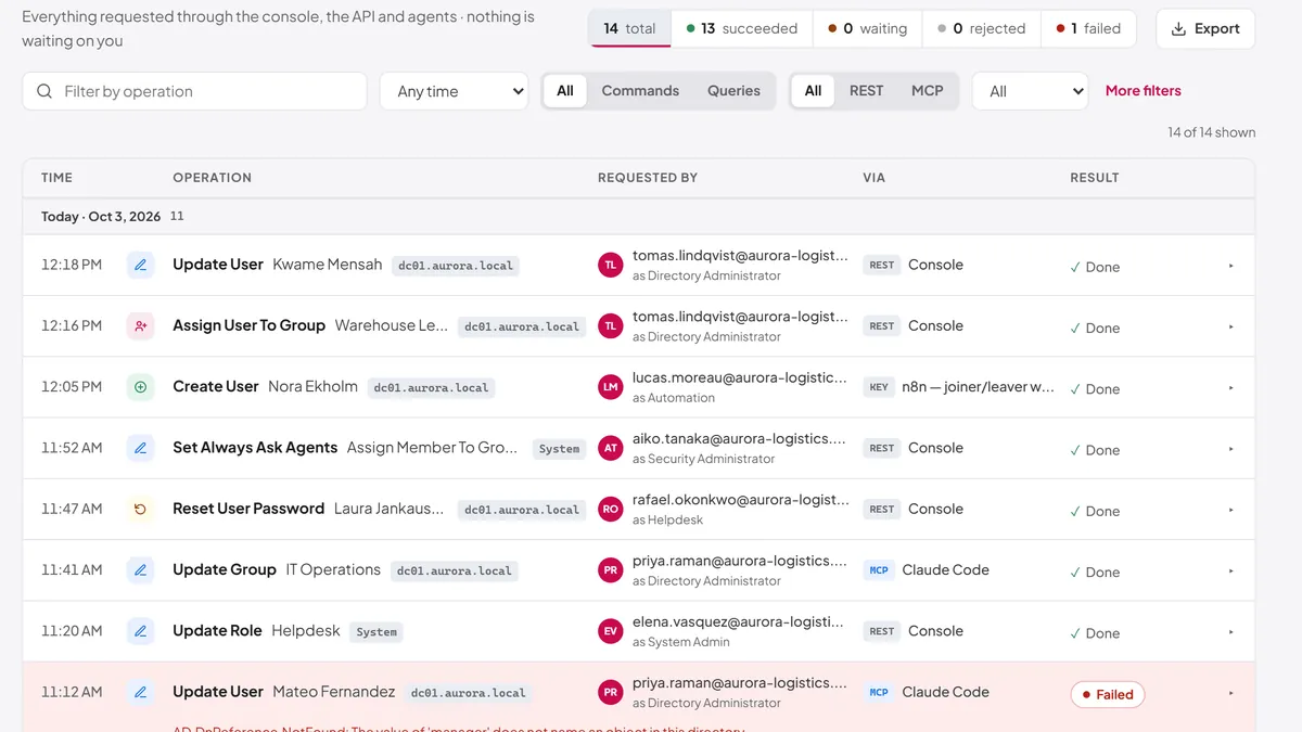 Operations log listing requests with requester, channel and result
