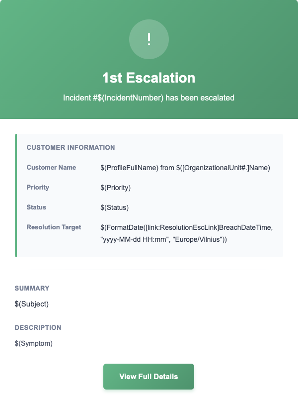 Example: Escalation notification template