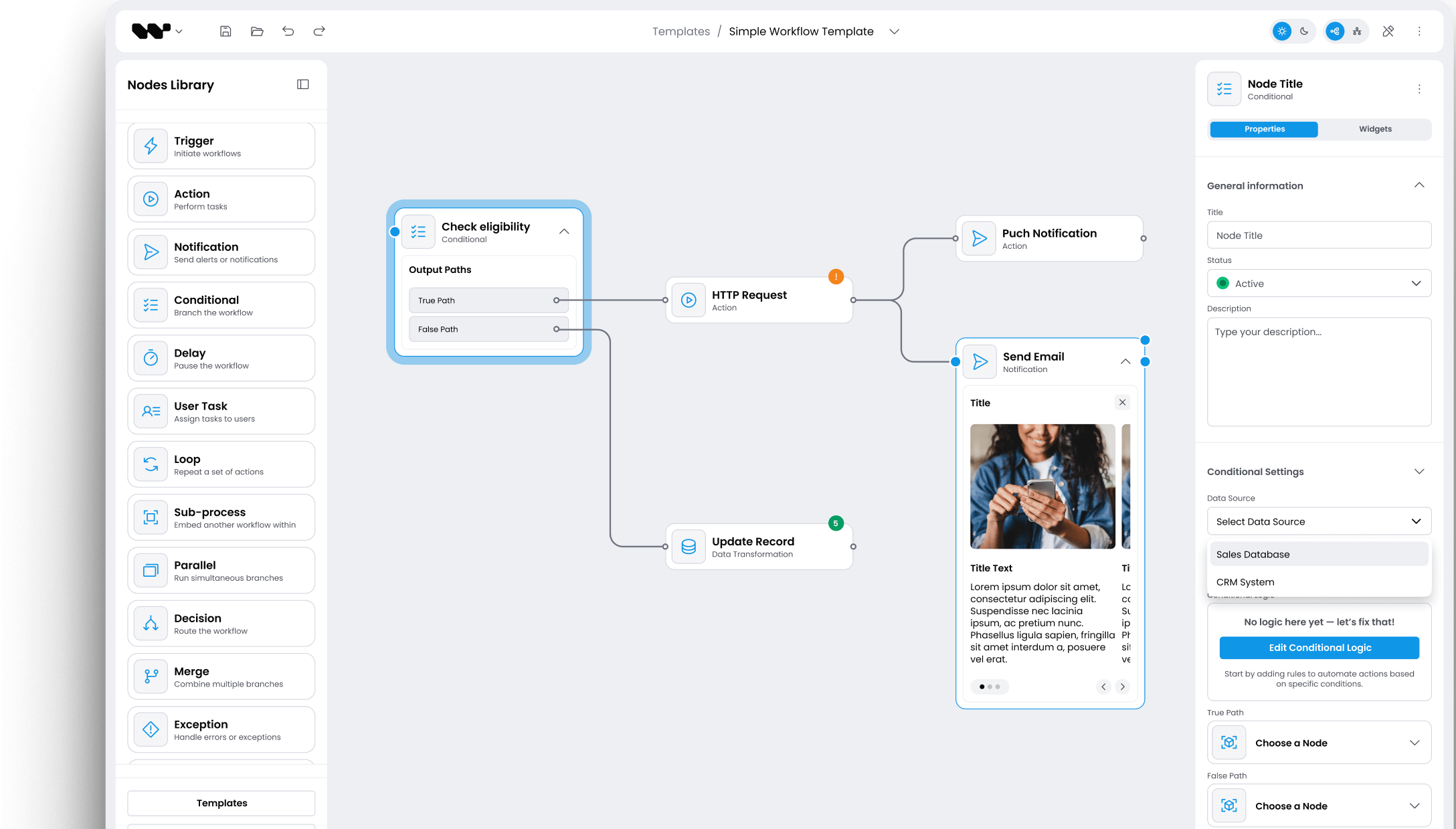 Workflow builder interface using NgDiagram with a light theme. The canvas displays a conditional node (“Check eligibility”) branching into HTTP Request, Update Record, Send Email, and Push Notification nodes. A left sidebar shows a categorized node library, while the right sidebar displays configuration options for the selected conditional node.