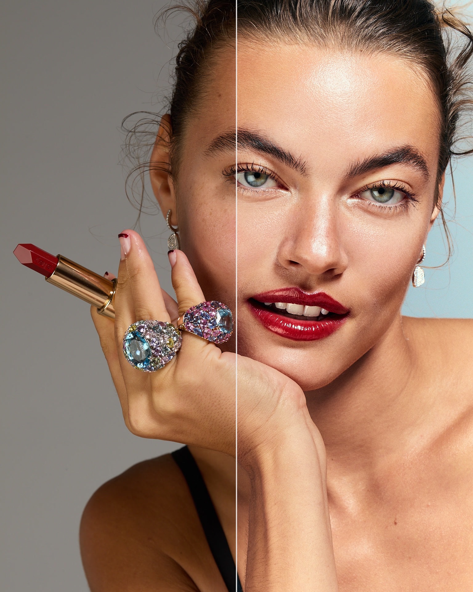Beauty portrait split down the middle, left half straight from the camera with a grey background, right half graded with warmer skin, deeper red lips and a pale cyan background