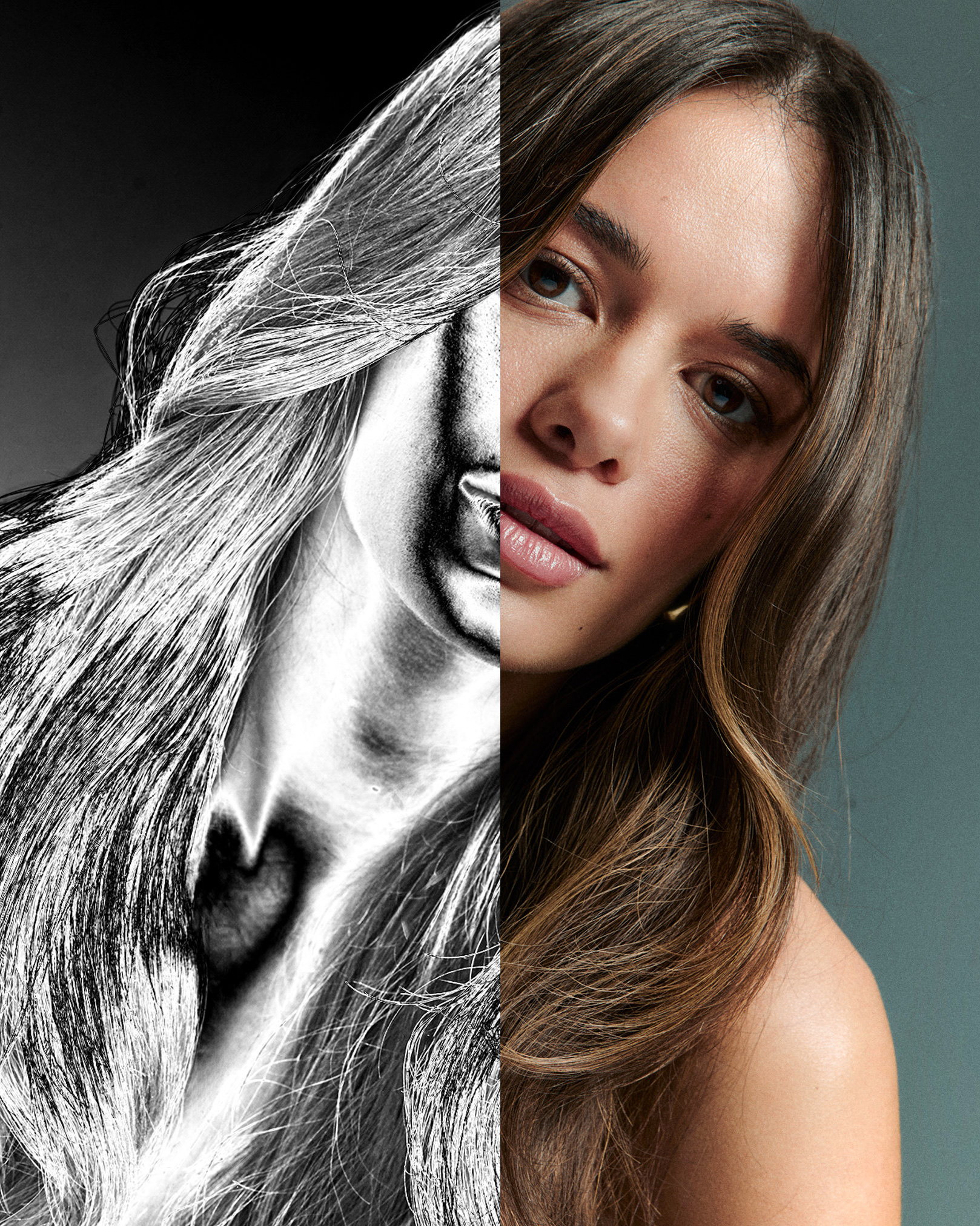 The same portrait split in two: the left half as a high-contrast black and white help layer view, the right half as the finished colour image
