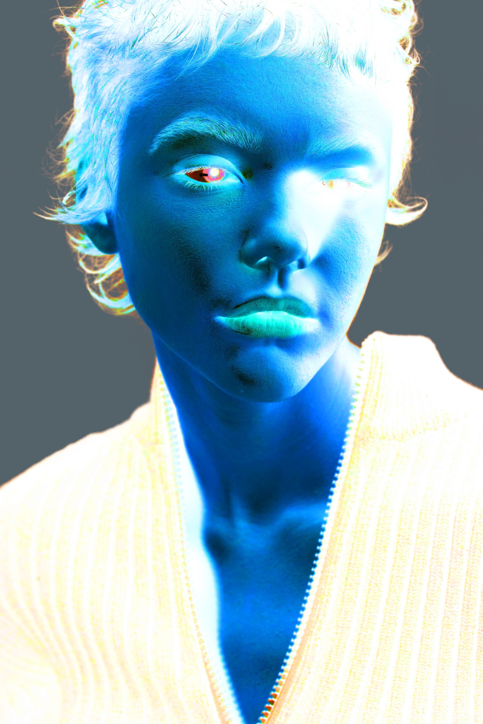 The portrait through the EyeHelp view, the skin in blue with darker patches where the colour shifts