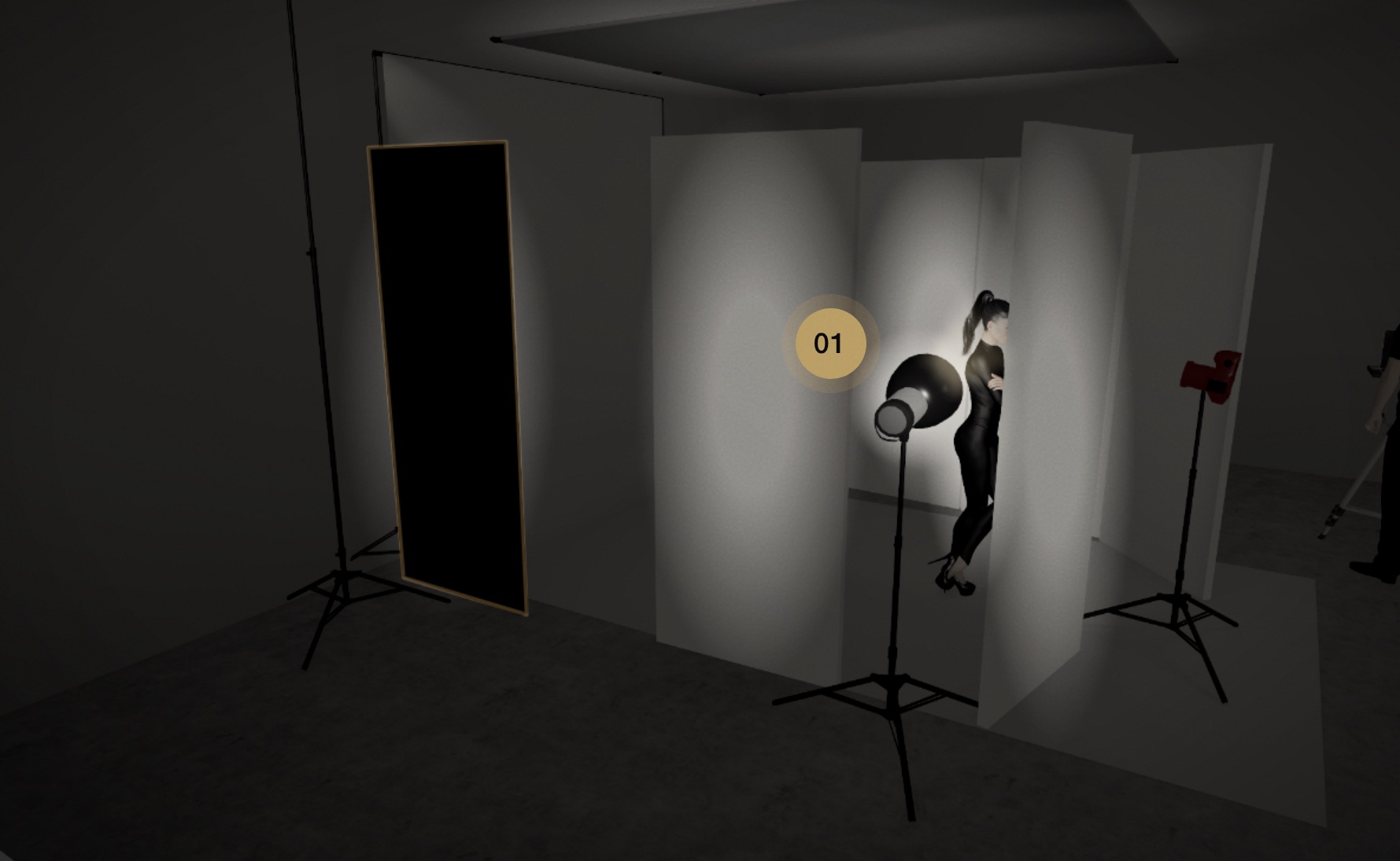 3D view inside the white set: a hard reflector on a stand on camera left, level with the model's head, a black board behind it