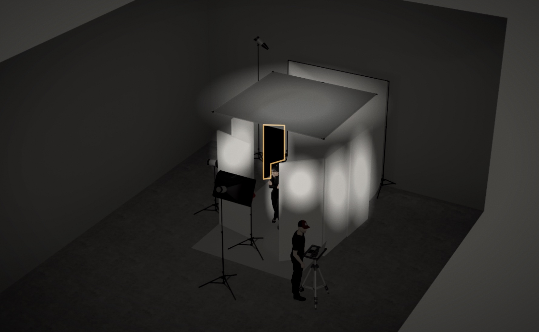 3D view of a small set closed in by white boards, with a fabric frame on top as a ceiling