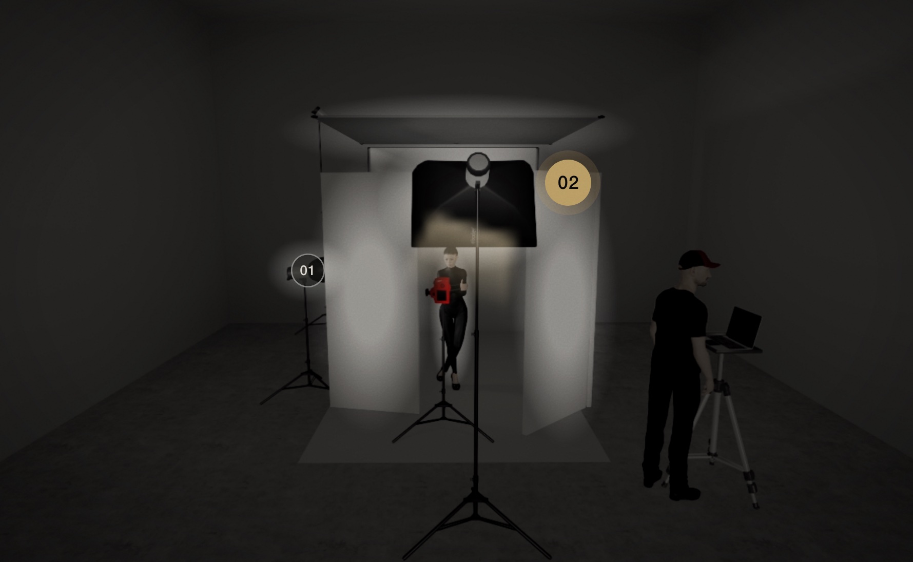 3D view from the front: a small softbox above and behind the camera, aimed down at the model, the key light on camera left