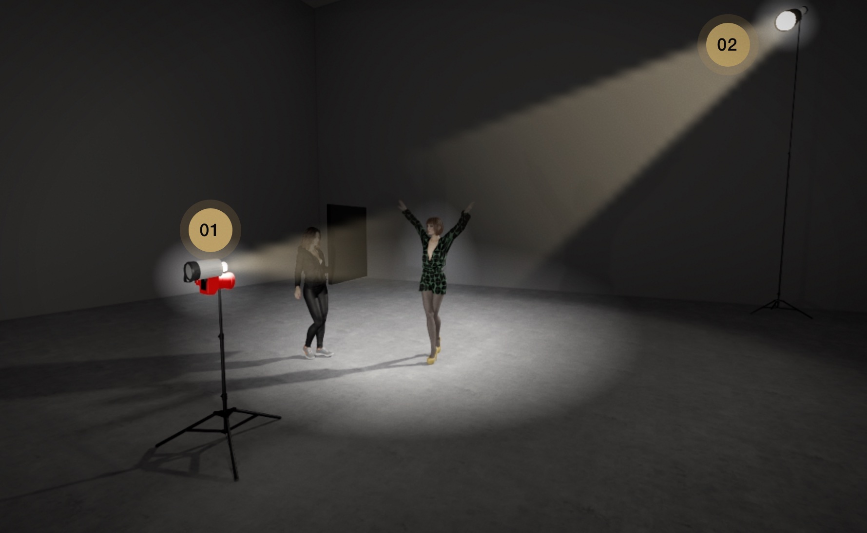 3D view of two models in an open space, a bare flash on the camera in front of them and a strong light high in the back standing in for the sun