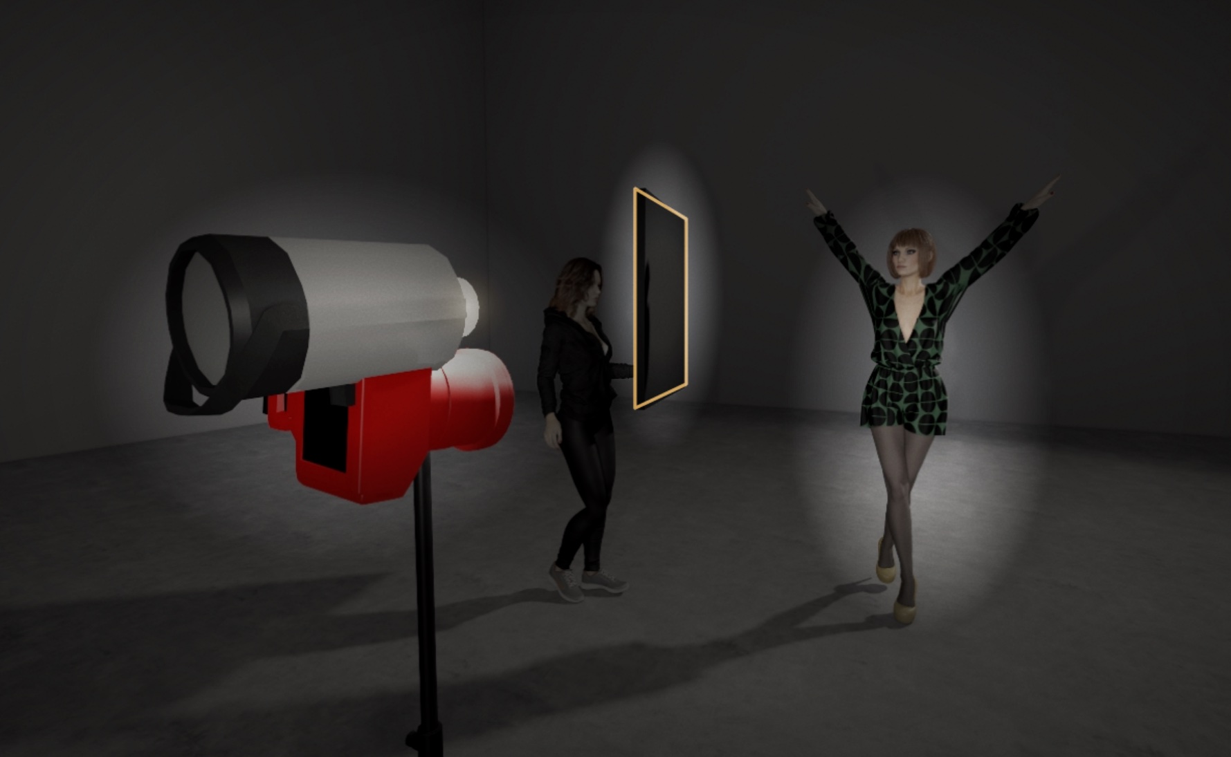 Close 3D view of the bare flash on the camera, a black board standing beside the models