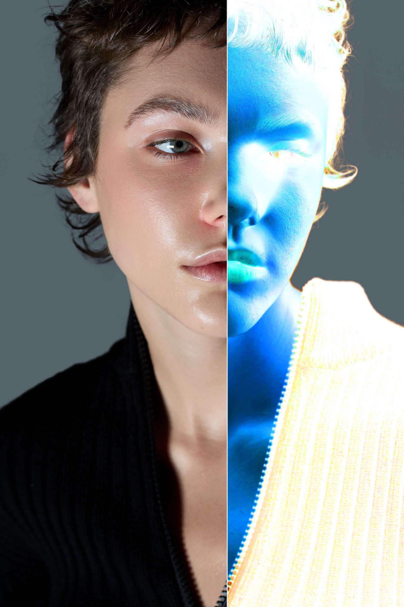 One beauty portrait split down the nose: the left half in colour, the right half through the EyeHelp, where the skin turns blue and small colour shifts show up as darker patches
