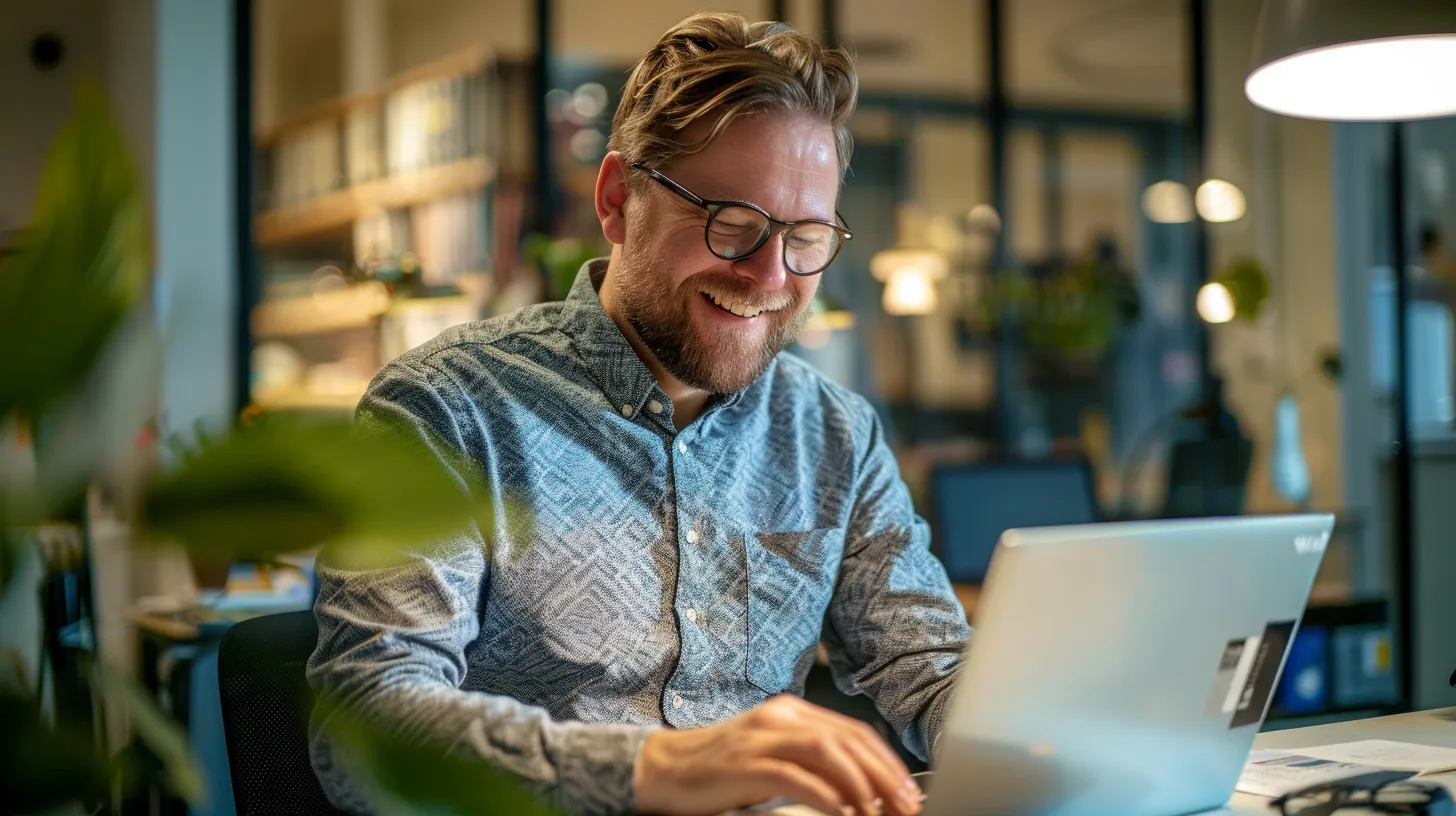 Smiling man wearing glasses working on a laptop in a modern office.