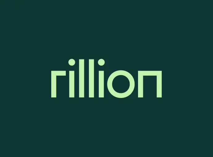 Rillion logo in light green lowercase letters on dark green background.