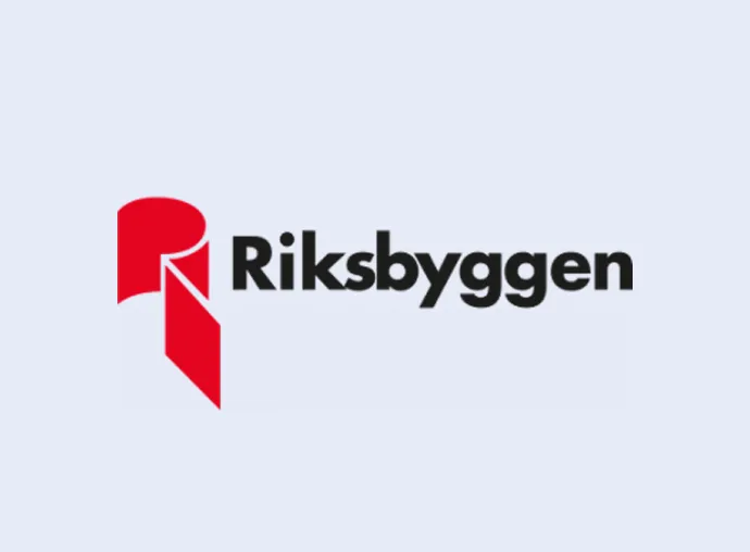 Riksbyggen logo with a stylized red geometric design and black text on light background.