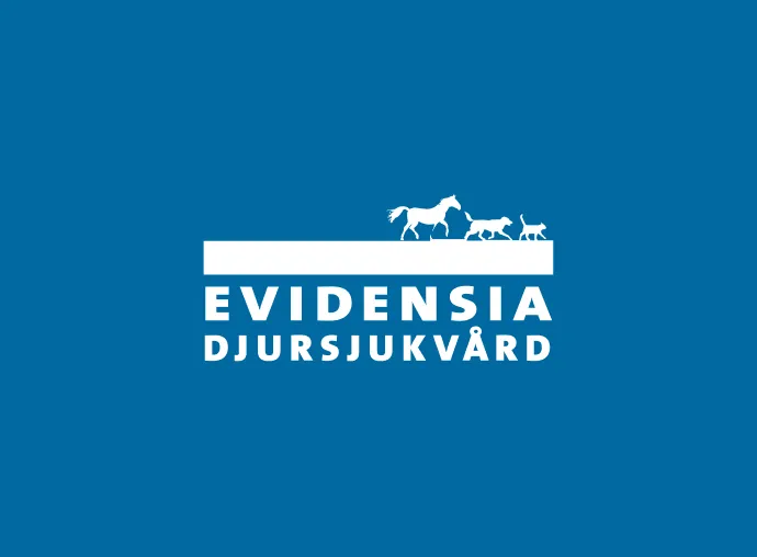 Evidensia Djursjukvård logo with white silhouettes of a horse, dog, and cat on a blue background.