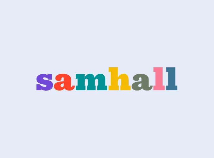 The word 'samhall' displayed in lowercase letters, each letter in a different color on a light gray background.