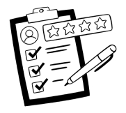 Clipboard with a checklist showing three checked items, a pen, and a five-star rating bar with no stars filled.