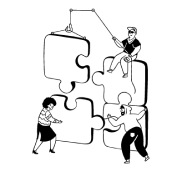 Three people collaborating to assemble four large puzzle pieces stacked together.