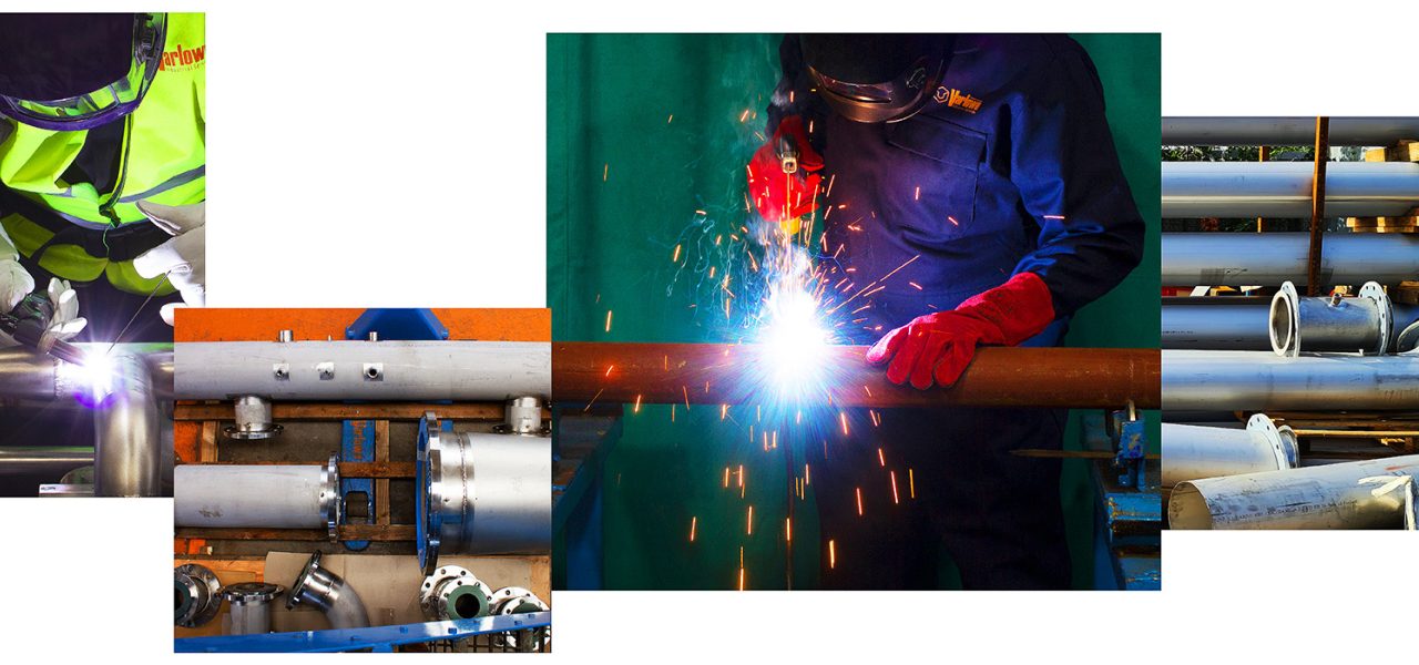 Collage of images including two workers welding metal pipes and an assortment of industrial metal pipes and fittings.