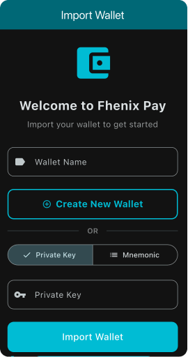 Fhenix Pay wallet setup screen with import and create options