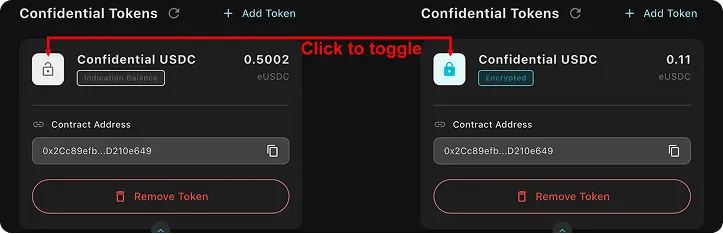 Wallet screen showing confidential USDC balance and toggle option