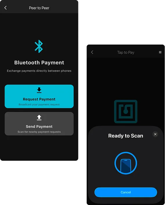 Mobile UI showing request payment and tap-to-pay screens