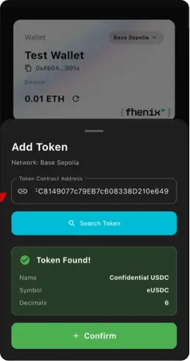 Copy token address and add it to Fhenix Pay wallet interface