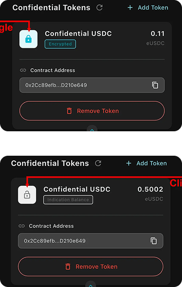 Wallet screen showing confidential USDC balance and toggle option