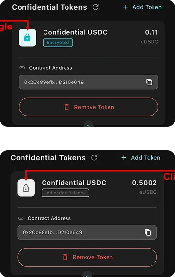 Wallet screen showing confidential USDC balance and toggle option