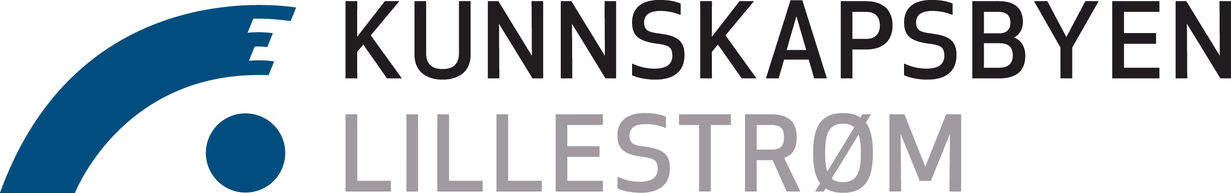Kunnskapsbyen Lillestrøms logo med en blå, abstrakt form til venstre og ordene "KUNNSKAPSBYEN LILLESTRØM" i fete, svarte og grå bokstaver på hvit bakgrunn.