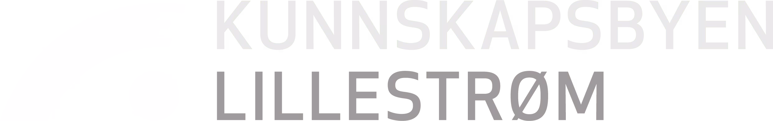 Lysegrå og hvit logo med ordene "KUNNSKAPSBYEN LILLESTRØM" i store, fete bokstaver og en sirkelformet grafikk på venstre side.