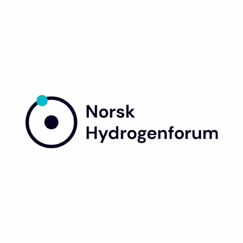 Logo for Norsk Hydrogenforum showing a stylized hydrogen atom with a circular orbit and a teal electron dot.