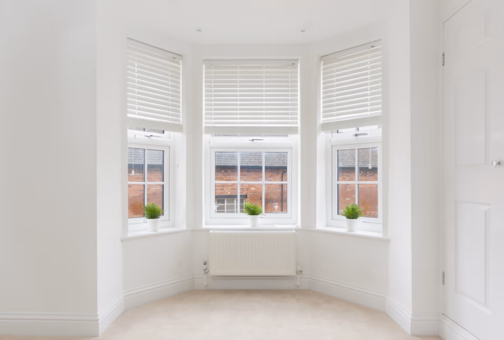 Traditional bay window with white frames and a decorative white roof, set against a red brick wall with a tall green shrub.