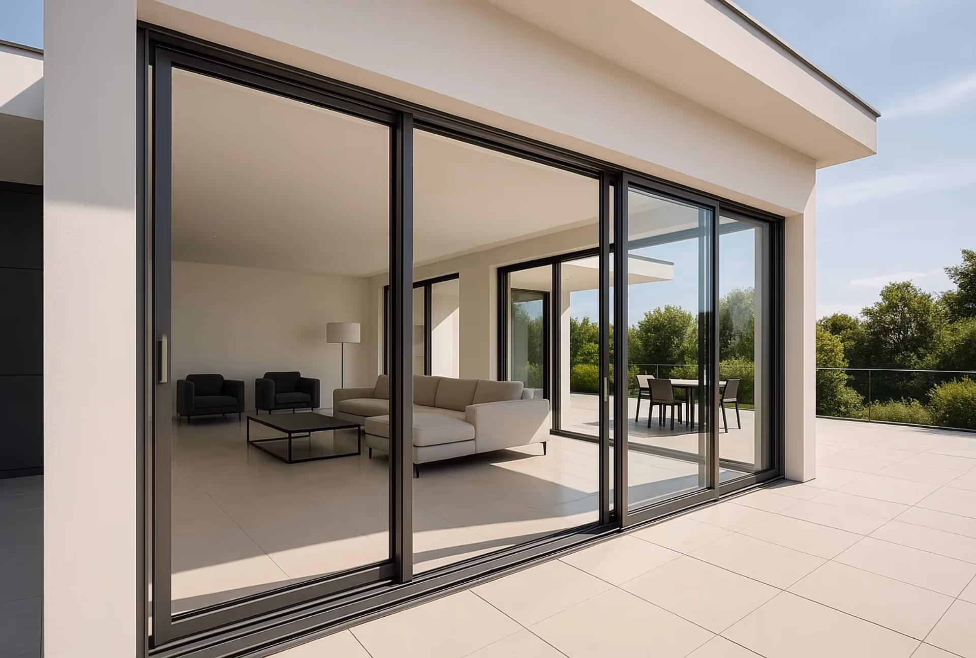 Contemporary house with expansive sliding glass doors leading to a furnished patio, seamlessly connecting indoor and outdoor living areas.