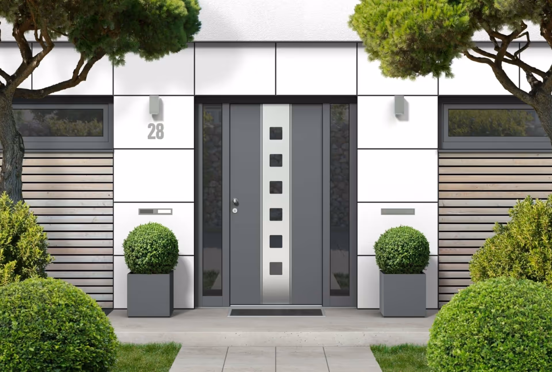 Grey front door with vertical glass panels, white paneling, and potted plants.
