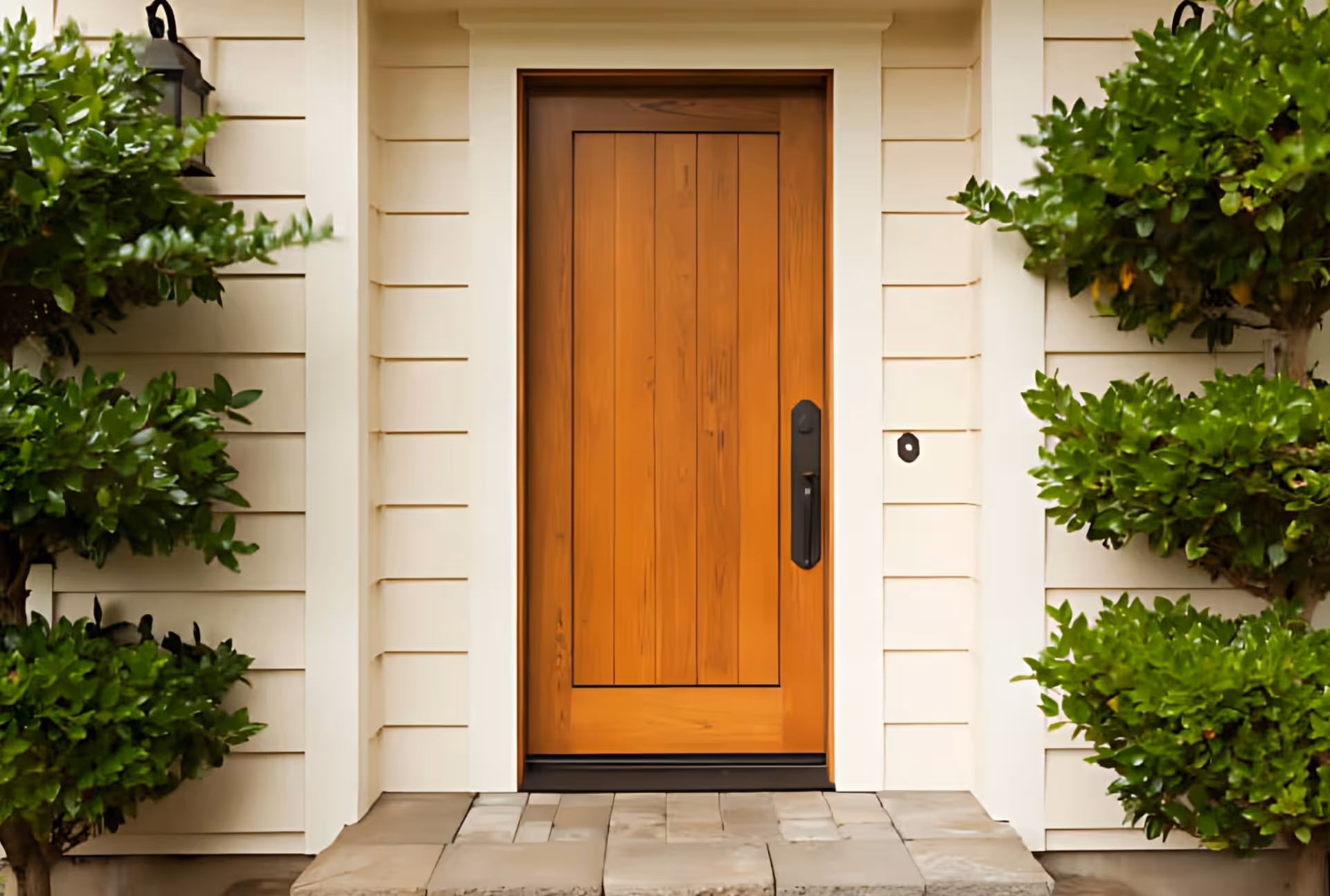 Wooden front door with vertical planks, beige siding, and green shrubs