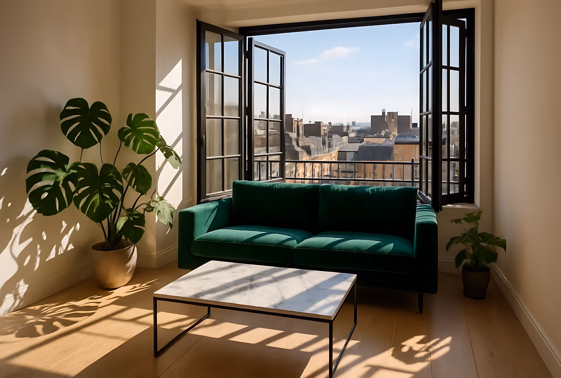 Open living room window with views of city buildings, featuring a green sofa, coffee table, and indoor plants.