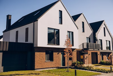 Modern house with clean lines, featuring a vibrant red tree in the front yard, showcasing contemporary architecture.