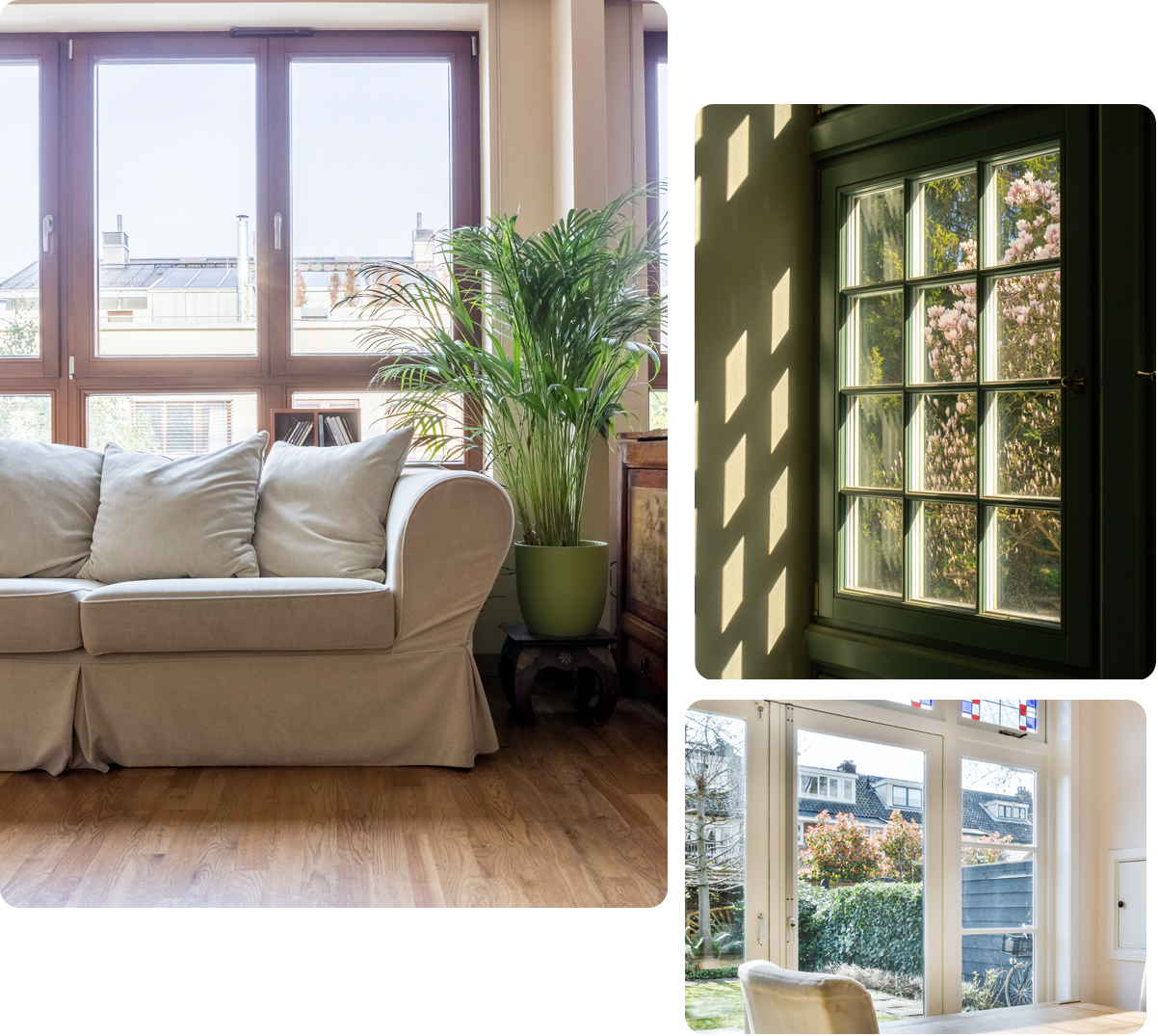 Bright living room featuring double glazed windows and doors, enhancing natural light and energy efficiency.
