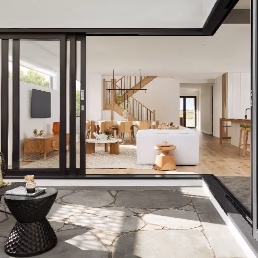 Contemporary office space with floor-to-ceiling sliding glass doors