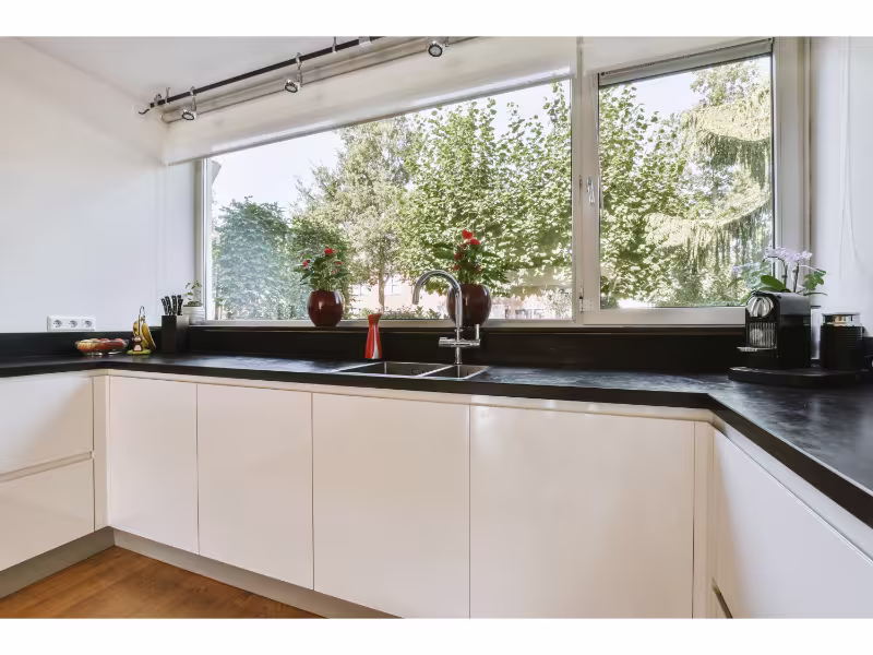 Tall four-pane window overlooking a lush garden