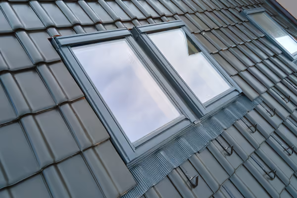 Tall four-pane window overlooking a lush garden