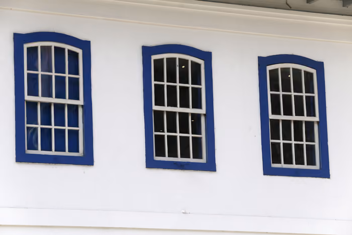 Tall four-pane window overlooking a lush garden