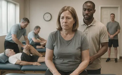 A concerned middle-aged woman sitting as a male therapist stands behind her, while other therapists work with patients in a bright therapy room.
